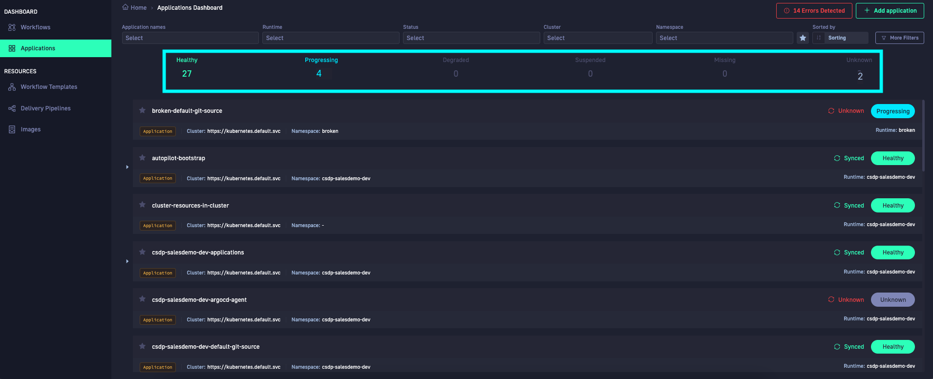 Applications dashboard: Filter by status