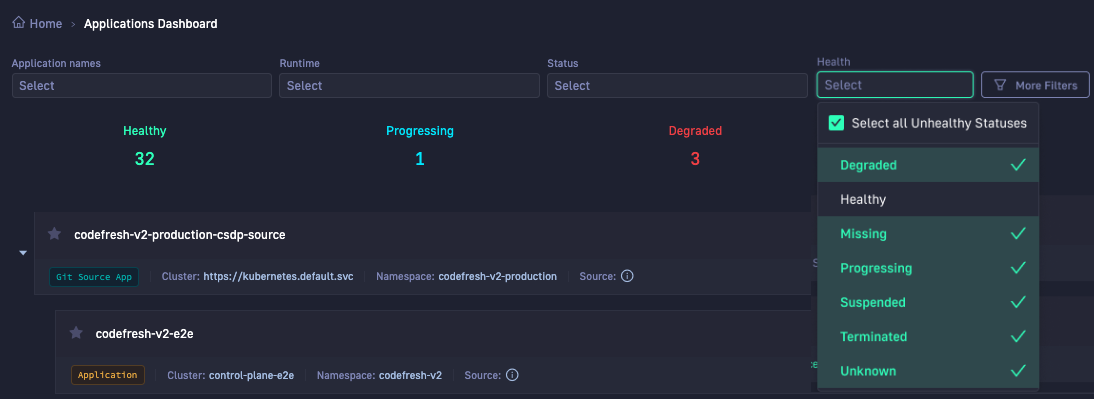 Applications dashboard: Unhealthy status filter