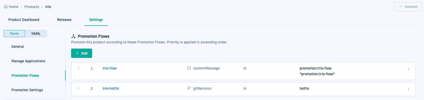 Product Settings: Promotion Flow list