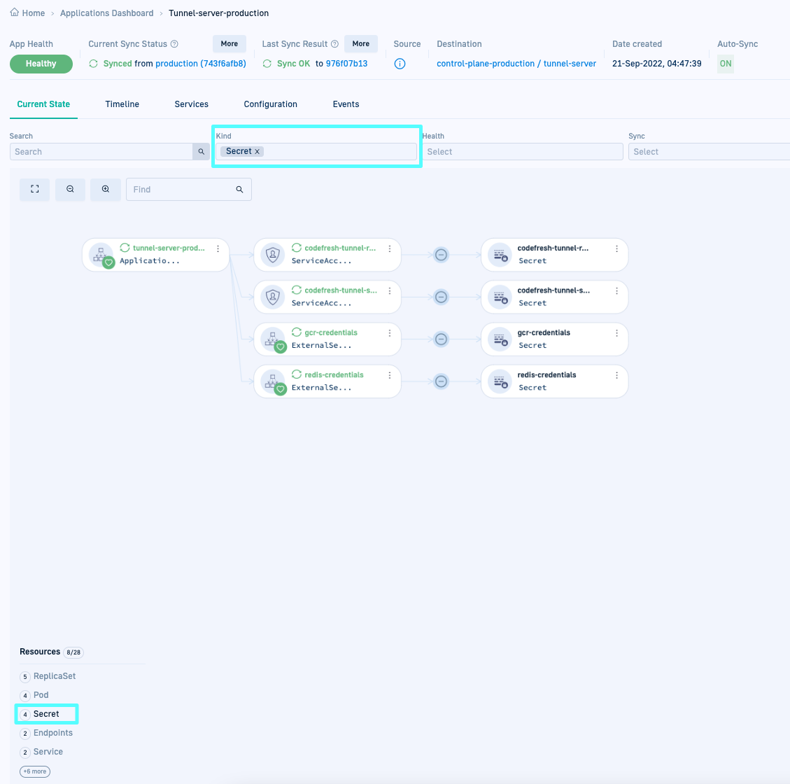 Current State Tree view: Resource inventory filtered by Secrets