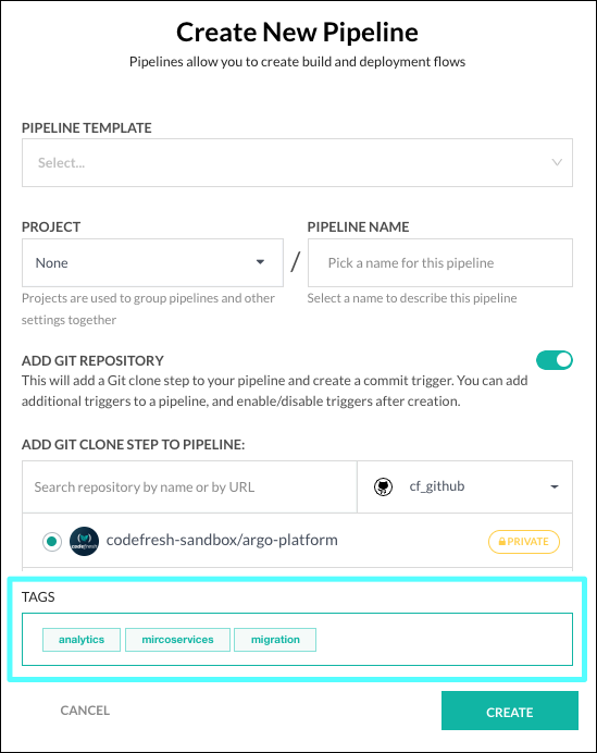 Add tags when creating pipeline